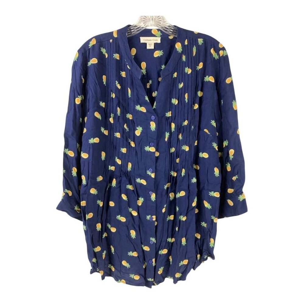 Coldwater Creek Tunic Womens XL Navy Pineapple Relaxed Pin-Tuck Pleats Button Up